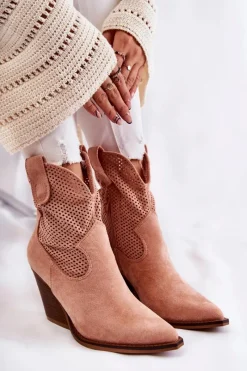 Boto Damskie Zamszowe Ażurowe Botki Kowbojki Różowe Eleonore