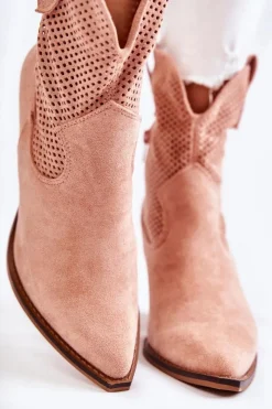 Boto Damskie Zamszowe Ażurowe Botki Kowbojki Różowe Eleonore