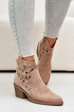 Botki Na Słupku|Botki Na Obcasie>Damskie buty S.Barski Damskie Zamszowe Ażurowe Botki Kowbojki Beżowe S.Barski HY42-086