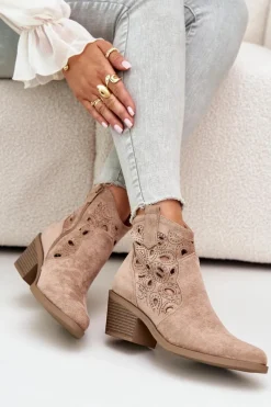 Botki Na Słupku|Botki Na Obcasie></noscript>Damskie buty S.Barski Damskie Zamszowe Ażurowe Botki Kowbojki Beżowe S.Barski HY42-086