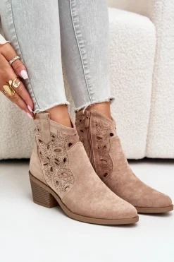 Botki Na Słupku|Botki Na Obcasie></noscript>Damskie buty S.Barski Damskie Zamszowe Ażurowe Botki Kowbojki Beżowe S.Barski HY42-086