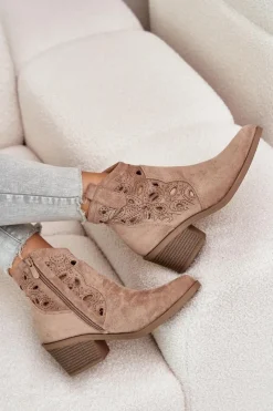 Botki Na Słupku|Botki Na Obcasie></noscript>Damskie buty S.Barski Damskie Zamszowe Ażurowe Botki Kowbojki Beżowe S.Barski HY42-086