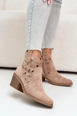 Botki Na Słupku|Botki Na Obcasie></noscript>Damskie buty S.Barski Damskie Zamszowe Ażurowe Botki Kowbojki Beżowe S.Barski HY42-086