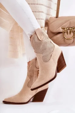 Discount Damskie Zamszowe Ażurowe Botki Kowbojki Beżowe Eleonore Damskie Botki Wiosenne|Botki Na Słupku