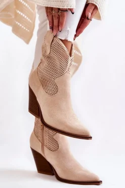 Discount Damskie Zamszowe Ażurowe Botki Kowbojki Beżowe Eleonore Damskie Botki Wiosenne|Botki Na Słupku