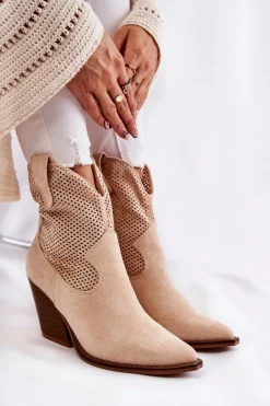 Discount Damskie Zamszowe Ażurowe Botki Kowbojki Beżowe Eleonore Damskie Botki Wiosenne|Botki Na Słupku
