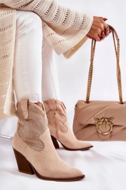 Discount Damskie Zamszowe Ażurowe Botki Kowbojki Beżowe Eleonore Damskie Botki Wiosenne|Botki Na Słupku