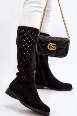 Kozaki Wiosenne|Kozaki Ażurowe>Damskie buty S.Barski Damskie Zamszowe Ażurowe Kozaki Przed Kolano Czarne Savannah