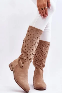Best Damskie buty S.Barski Damskie Zamszowe Ażurowe Kozaki Przed Kolano Beżowe Savannah