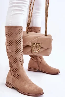 Best Damskie buty S.Barski Damskie Zamszowe Ażurowe Kozaki Przed Kolano Beżowe Savannah