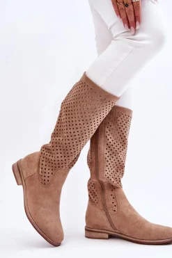 Best Damskie buty S.Barski Damskie Zamszowe Ażurowe Kozaki Przed Kolano Beżowe Savannah