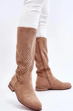 Best Damskie buty S.Barski Damskie Zamszowe Ażurowe Kozaki Przed Kolano Beżowe Savannah