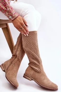 Best Damskie buty S.Barski Damskie Zamszowe Ażurowe Kozaki Przed Kolano Beżowe Savannah