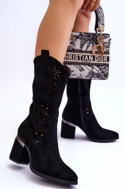 Clearance Damskie buty S.Barski Damskie Zamszowe Ażurowe Kozaki Czarne Adelia