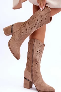Outlet Damskie Zamszowe Ażurowe Kozaki Beżowe Adelia Damskie Kozaki Wiosenne|Kozaki Ażurowe