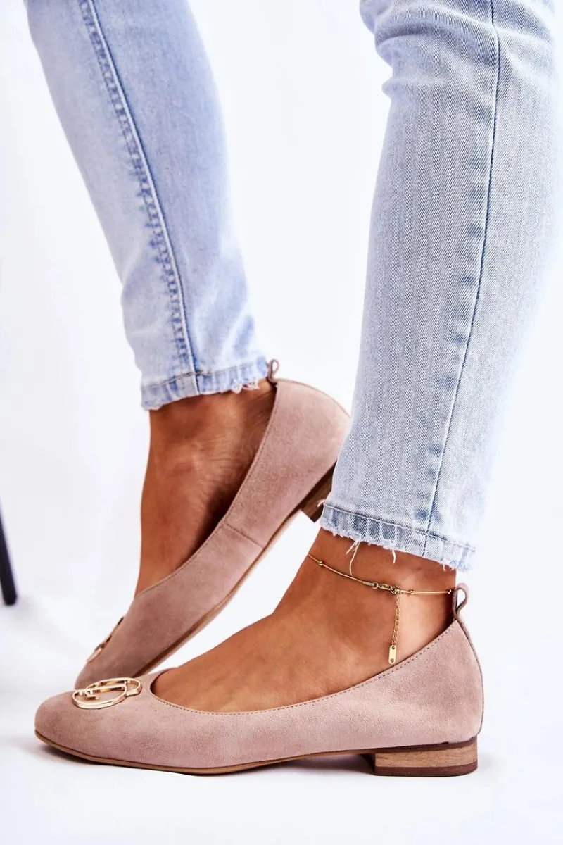 Sale Damskie Zamszowe Baleriny Z Ozdobą Nicole 2746 Beżowe Damskie Baleriny Skórzane|Baleriny Klasyczne