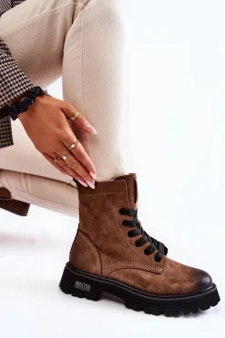 Outlet Damskie Zamszowe Botki Big Star KK274504 Brązowe Damskie Damskie Trapery|Botki Sznurowane