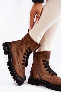 Outlet Damskie Zamszowe Botki Big Star KK274504 Brązowe Damskie Damskie Trapery|Botki Sznurowane