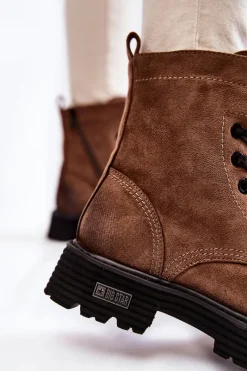 Outlet Damskie Zamszowe Botki Big Star KK274504 Brązowe Damskie Damskie Trapery|Botki Sznurowane