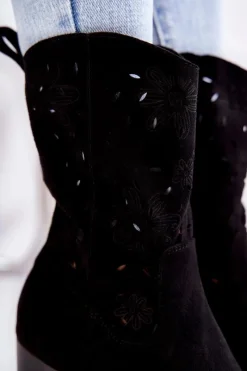 Discount Damskie Zamszowe Botki Kowbojki W Kwiaty Czarne Ariane Damskie Botki Wiosenne|Botki Na Słupku