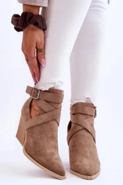 Clearance Damskie Zamszowe Botki Kowbojki Ciemnobeżowe Dennise Damskie Botki Na Słupku|Brązowe I Beżowe Botki