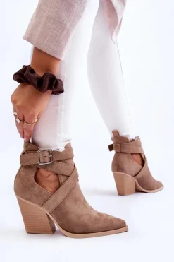 Clearance Damskie Zamszowe Botki Kowbojki Ciemnobeżowe Dennise Damskie Botki Na Słupku|Brązowe I Beżowe Botki