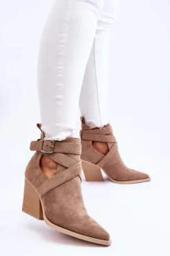 Clearance Damskie Zamszowe Botki Kowbojki Ciemnobeżowe Dennise Damskie Botki Na Słupku|Brązowe I Beżowe Botki