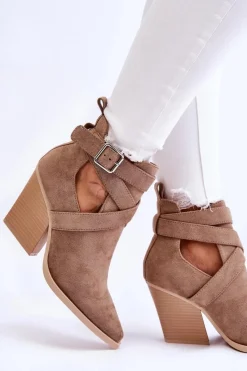 Clearance Damskie Zamszowe Botki Kowbojki Ciemnobeżowe Dennise Damskie Botki Na Słupku|Brązowe I Beżowe Botki