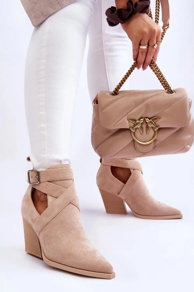 Botki Na Słupku|Brązowe I Beżowe Botki>Boto Damskie Zamszowe Botki Kowbojki Beżowe Dennise