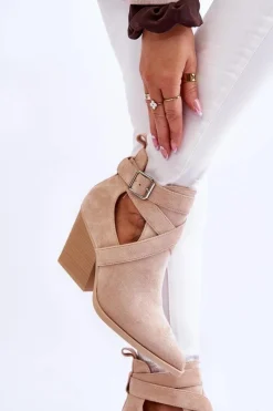 Botki Na Słupku|Brązowe I Beżowe Botki>Boto Damskie Zamszowe Botki Kowbojki Beżowe Dennise