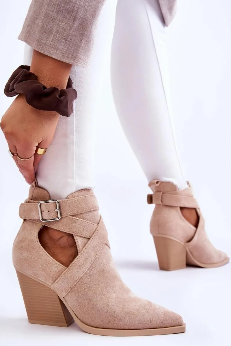 Botki Na Słupku|Brązowe I Beżowe Botki>Boto Damskie Zamszowe Botki Kowbojki Beżowe Dennise