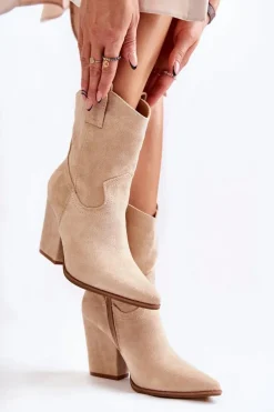 Sale Damskie Zamszowe Botki Kowbojki Beżowe Mindy Damskie Botki Wiosenne|Brązowe I Beżowe Botki