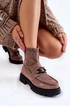 Sale Damskie Zamszowe Botki La.Fi 250042B-SU Beżowe Damskie Botki Wiosenne|Botki Ocieplane