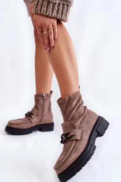 Sale Damskie Zamszowe Botki La.Fi 250042B-SU Beżowe Damskie Botki Wiosenne|Botki Ocieplane