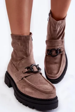 Sale Damskie Zamszowe Botki La.Fi 250042B-SU Beżowe Damskie Botki Wiosenne|Botki Ocieplane