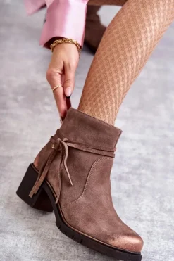 Discount Damskie Zamszowe Botki 05720-14 Jasnobrązowe Damskie Botki Maciejka|Botki Na Słupku