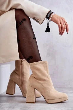 Best Boto Damskie Zamszowe Botki Na Obcasie Jasnobeżowe Ramira Beżowy