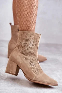 Discount Boto Damskie Zamszowe Botki Na Obcasie Nicole 2757 Beżowe