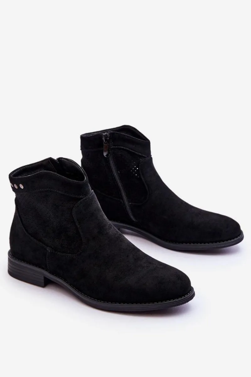 Online Damskie Zamszowe Botki Na Płaskim Obcasie Czarne Liana Damskie Botki Wiosenne|Czarne Botki