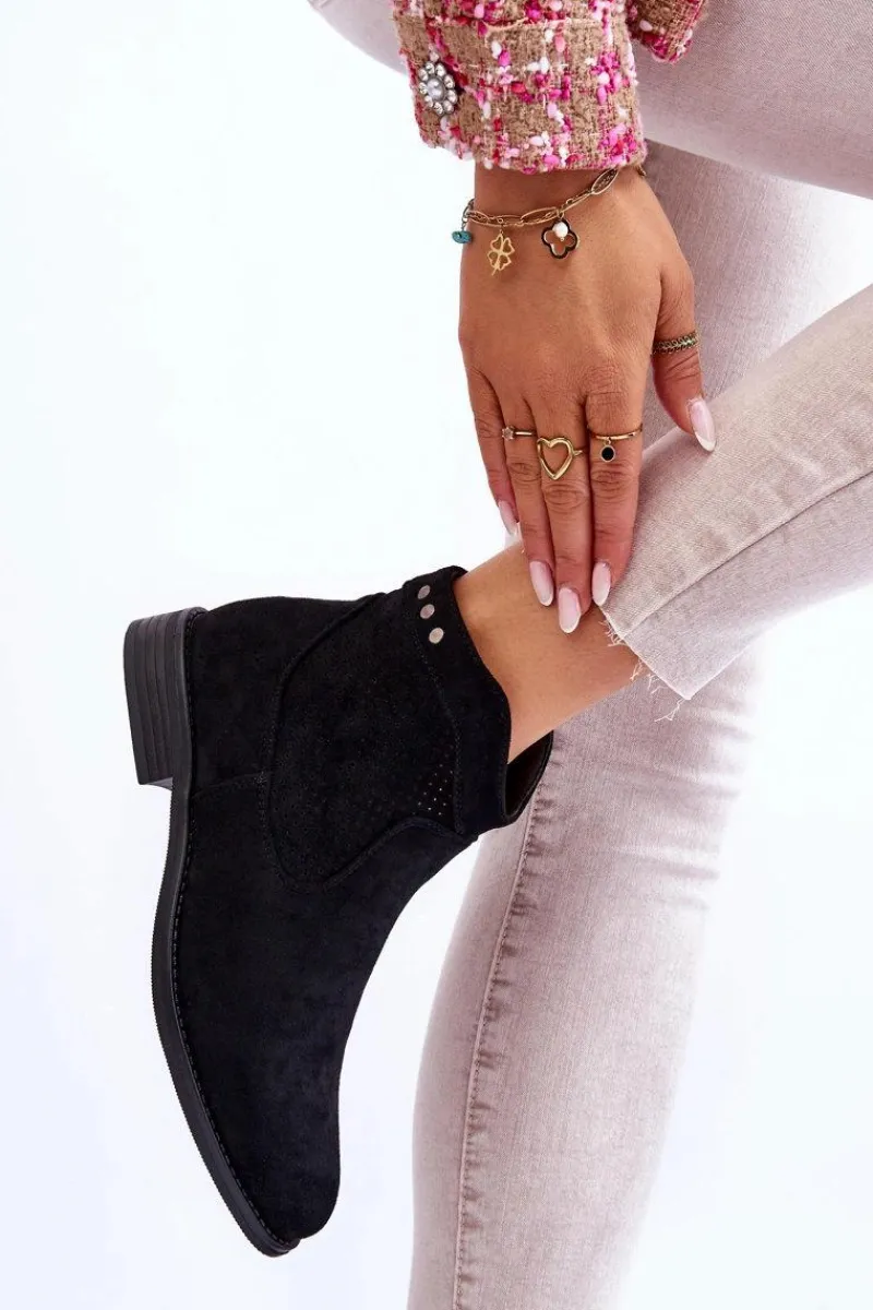 Online Damskie Zamszowe Botki Na Płaskim Obcasie Czarne Liana Damskie Botki Wiosenne|Czarne Botki