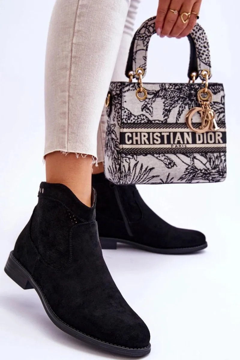 Online Damskie Zamszowe Botki Na Płaskim Obcasie Czarne Liana Damskie Botki Wiosenne|Czarne Botki