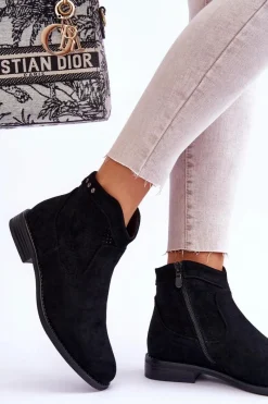 Online Damskie Zamszowe Botki Na Płaskim Obcasie Czarne Liana Damskie Botki Wiosenne|Czarne Botki