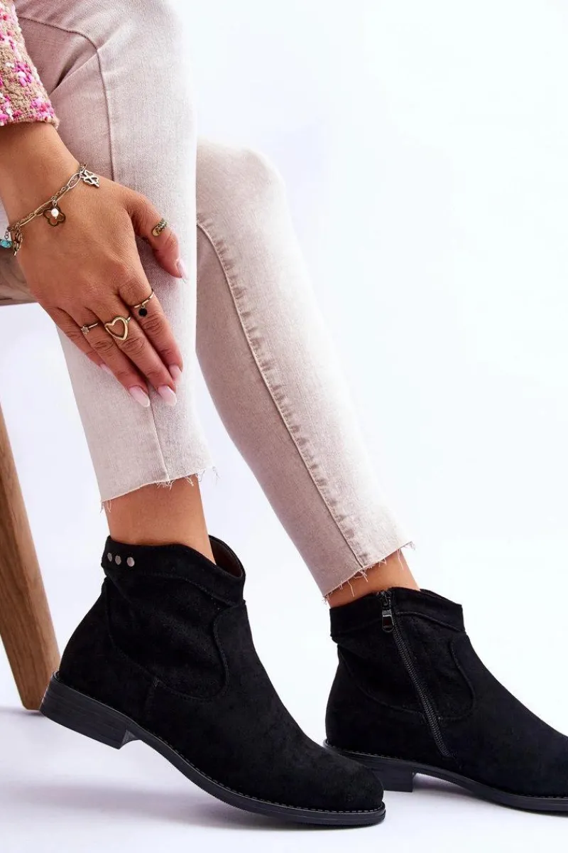 Online Damskie Zamszowe Botki Na Płaskim Obcasie Czarne Liana Damskie Botki Wiosenne|Czarne Botki