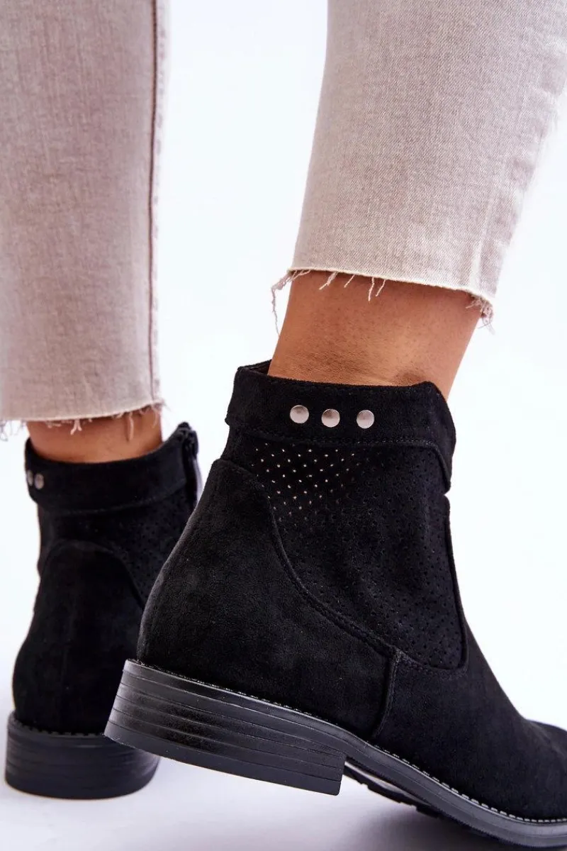 Online Damskie Zamszowe Botki Na Płaskim Obcasie Czarne Liana Damskie Botki Wiosenne|Czarne Botki