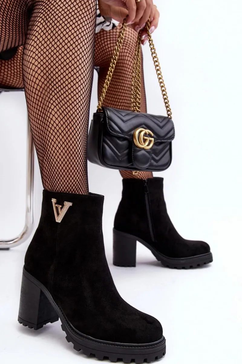 Online Damskie Zamszowe Botki Na Słupku Z Ozdobą Czarne Strong Damskie Botki Wiosenne|Botki Ocieplane