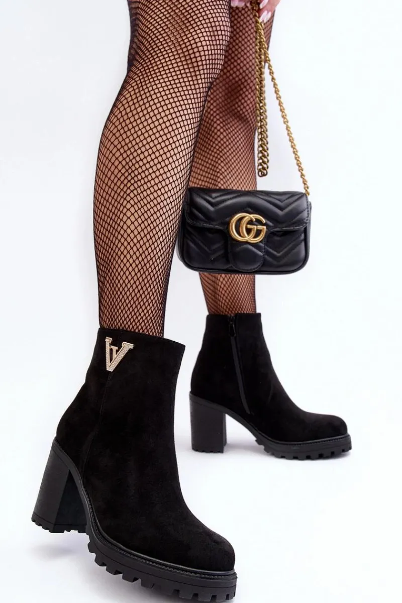 Online Damskie Zamszowe Botki Na Słupku Z Ozdobą Czarne Strong Damskie Botki Wiosenne|Botki Ocieplane