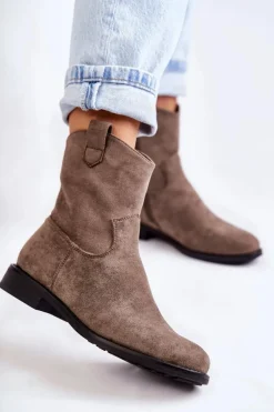 Sale Damskie Zamszowe Botki Na Płaskim Obcasie Ciemnoszary Fiorenz Damskie Botki Wiosenne|Czarne Botki