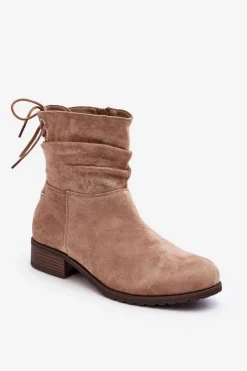 Online Damskie Zamszowe Botki Na Płaskim Obcasie Beżowe Keresa Damskie Botki Ocieplane|Botki Zimowe Damskie