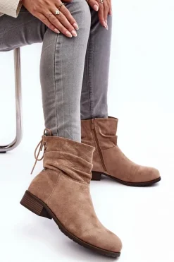Online Damskie Zamszowe Botki Na Płaskim Obcasie Beżowe Keresa Damskie Botki Ocieplane|Botki Zimowe Damskie
