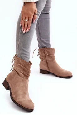 Online Damskie Zamszowe Botki Na Płaskim Obcasie Beżowe Keresa Damskie Botki Ocieplane|Botki Zimowe Damskie